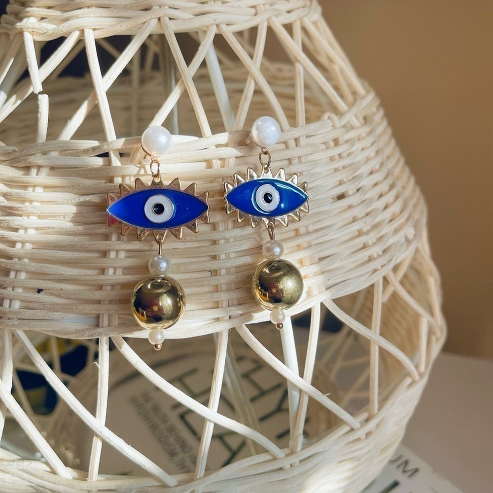Evil Eye Gold Tone Pearl Dandle Earrings